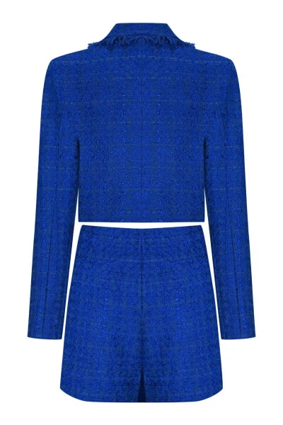 Tüvit Saks Mavisi Crop Ceket ve Şort Etek Takım-lacivert - 4