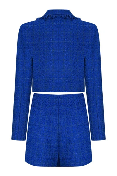 Tüvit Saks Mavisi Crop Ceket ve Şort Etek Takım-lacivert - PLEASUREOFSILK (1)