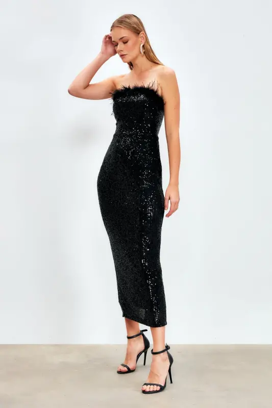 Tüy Detaylı Payet Elbise - Siyah - SİYAH - SATEEN