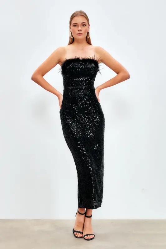 Tüy Detaylı Payet Elbise - Siyah - 3