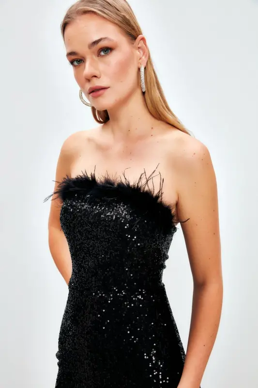 Tüy Detaylı Payet Elbise - Siyah - 7