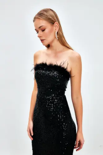 Tüy Detaylı Payet Elbise - Siyah - SATEEN (1)