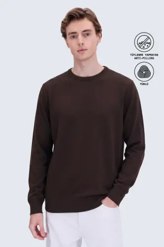 Tüylenme Yapmayan Yünlü Bisiklet Yaka Regular Fit Kahverengi Kazak - Kahverengi - 1