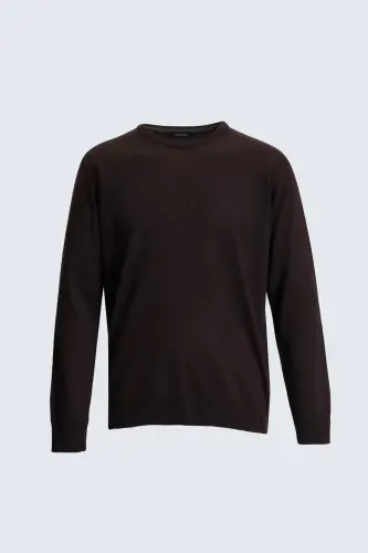 Tüylenme Yapmayan Yünlü Bisiklet Yaka Regular Fit Kahverengi Kazak - Kahverengi - 3
