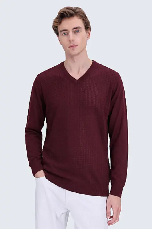 Tüylenme Yapmayan Yünlü V Yaka Regular Fit Bordo Kazak - Bordo - 1