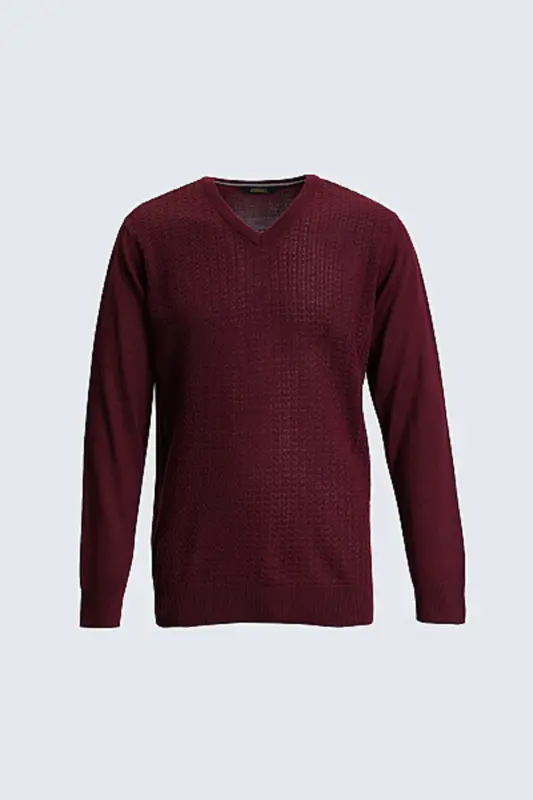 Tüylenme Yapmayan Yünlü V Yaka Regular Fit Bordo Kazak - Bordo - 2