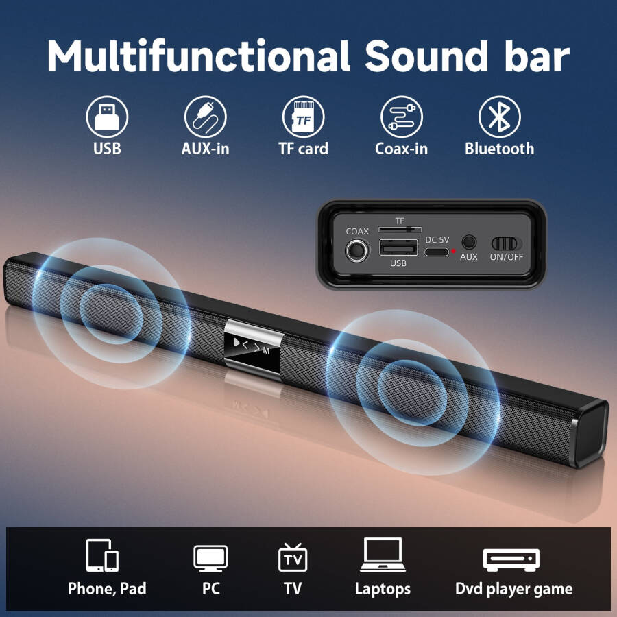 TV için 35,24 inç Ses Çubuğu, Subwoofer'lı ve Surround 50W Kablosuz Ses Çubuğu, Bluetooth 5.3 Ev Sinema TV Ses Hoparlörü, USB/TF Kartı/AUX/Koaksiyel Bağlantı, Duvara Monte Edilebilir - 2