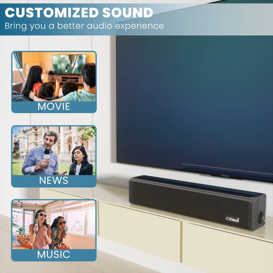 TV için Soundbar, 2.1CH Bluetooth TV Hoparlörü Kablosuz ve Kablolu 17 inç Subwoofer, 50W Ev Ses Sistemi TV Hoparlörleri Ses Çubuğu, Optik/AUX/DC Bağlantılı Duvara Monte Edilebilir Soundbar - 4