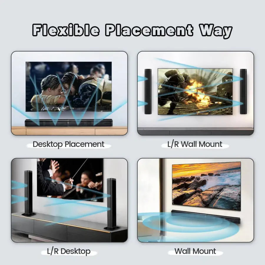 2 in 1 Separable Sound Bars for TV, Bluetooth 5.0 Surround Sound System for TV Wireless Connect, 37 Inch Soundbar for Home Theater, ARC/Optical/USB Cables & Remote TV Speakers, Wall Mountable - 3