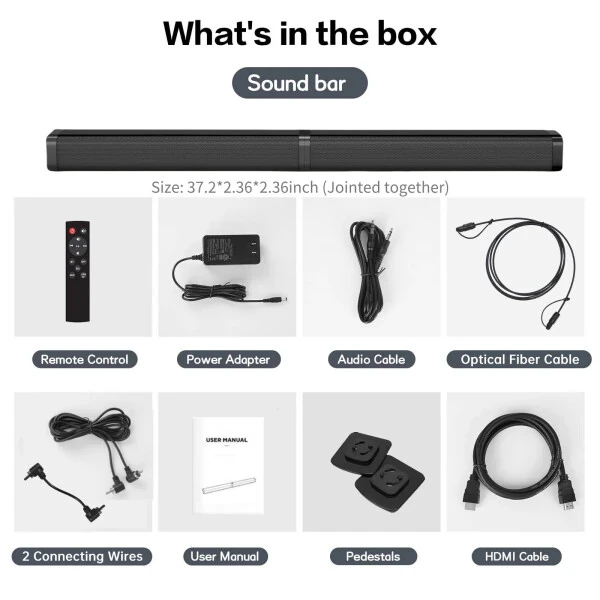 2 in 1 Separable Sound Bars for TV, Bluetooth 5.0 Surround Sound System for TV Wireless Connect, 37 Inch Soundbar for Home Theater, ARC/Optical/USB Cables & Remote TV Speakers, Wall Mountable - 7