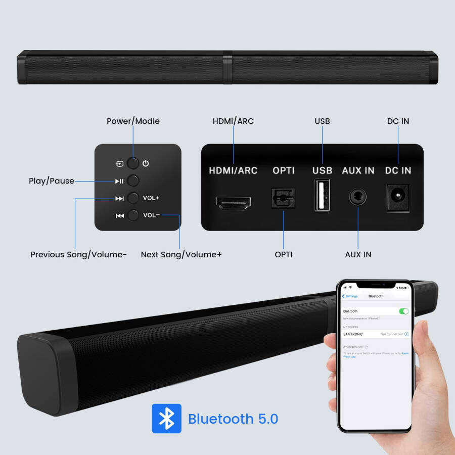 TV'niz için 2'si 1 Arada Çıkarılabilir Ses Çubukları, TV için Bluetooth 5.0 Surround Ses Sistemi Kablosuz Bağlantı, Ev Sineması için 37 İnç Ses Çubuğu, ARC/Optik/USB Kabloları ve Uzaktan Kumandalı TV Hoparlörleri, Duvara Monte Edilebilir - 6