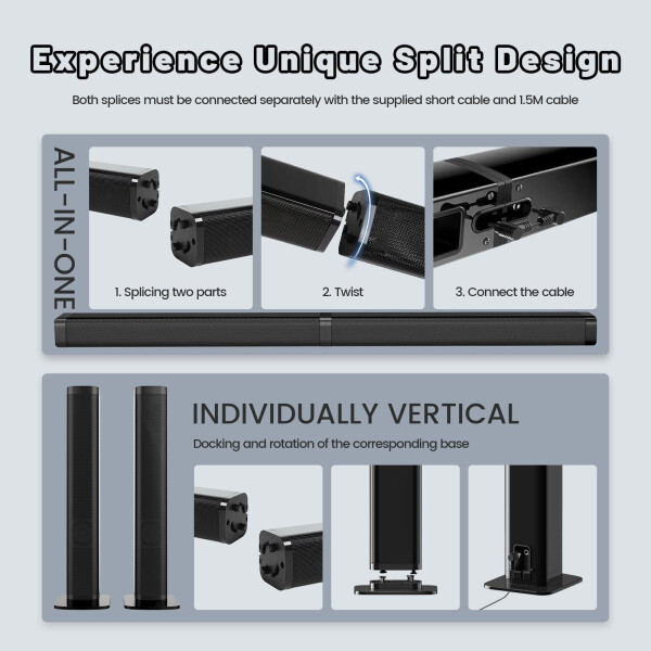 TV'niz için 2'si 1 Arada Çıkarılabilir Ses Çubukları, TV için Bluetooth 5.0 Surround Ses Sistemi Kablosuz Bağlantı, Ev Sineması için 37 İnç Ses Çubuğu, ARC/Optik/USB Kabloları ve Uzaktan Kumandalı TV Hoparlörleri, Duvara Monte Edilebilir - 7