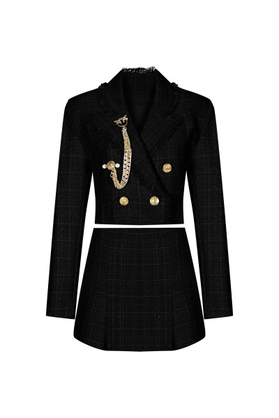 Tweed Black Crop Jacket and Shorts Skirt Suit - 5