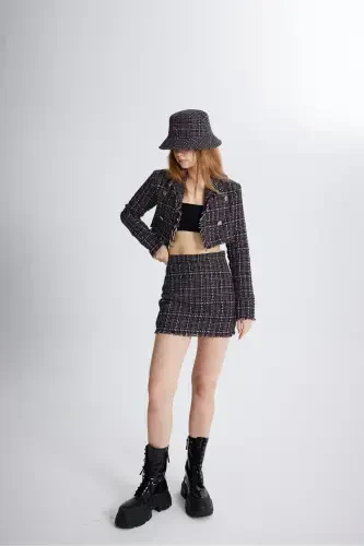 Tweed Fabric Crop Tweed Jacket Black-Black - 1