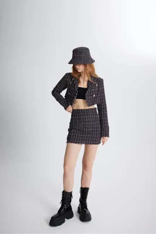 Tweed Fabric Crop Tweed Jacket Black-Black - 1