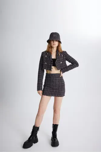 Tweed Fabric Crop Tweed Jacket Black-Black - 4