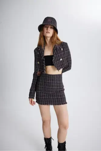 Tweed Fabric Crop Tweed Jacket Black-Black - 5
