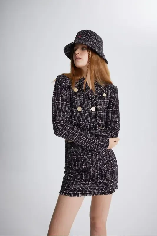 Tweed Fabric Crop Tweed Jacket Black-Black - 6