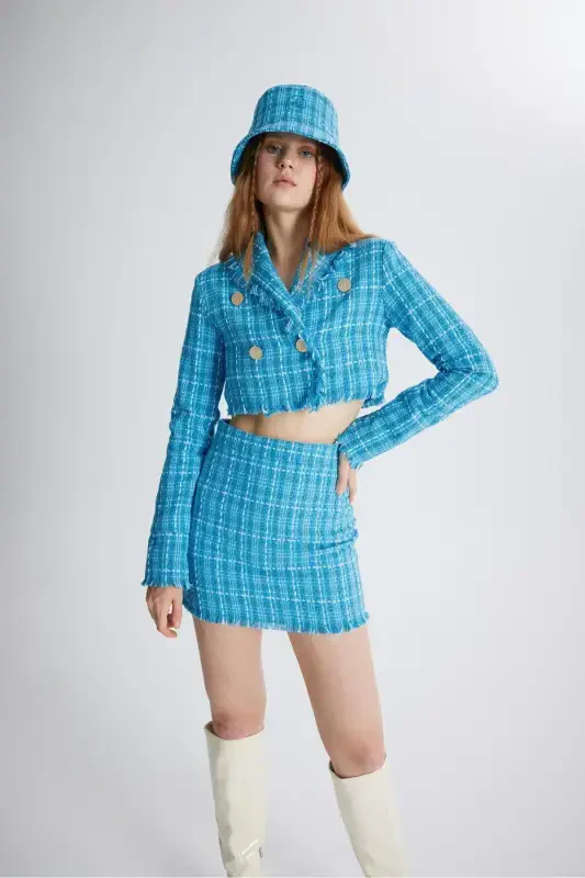 Tweed Fabric Crop Tweed Jacket Blue - 5