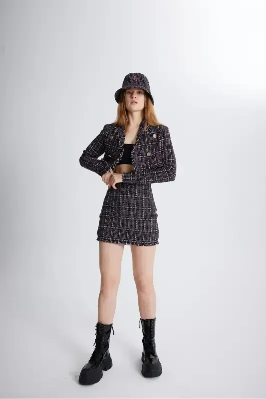 Tweed Fabric Mini Tweed Skirt Black - HOLLY LOLLY