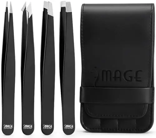 Tweezers for women facial 4 Piece Stainless Steel Precision Tweezers Kit with Leather Case for women & men Multi purpose as eyebrows facial hair ingrown hair removal - 1