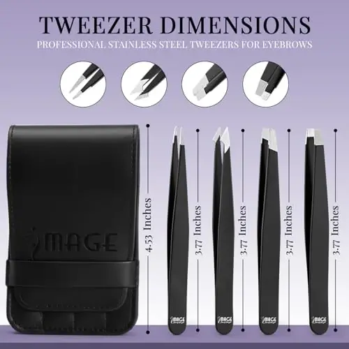 Tweezers for women facial 4 Piece Stainless Steel Precision Tweezers Kit with Leather Case for women & men Multi purpose as eyebrows facial hair ingrown hair removal - IMAGE BEAUTY INSIGHT (1)