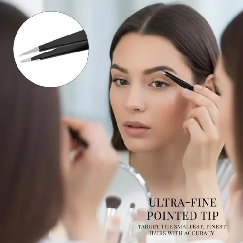 Tweezers for women facial 4 Piece Stainless Steel Precision Tweezers Kit with Leather Case for women & men Multi purpose as eyebrows facial hair ingrown hair removal - 6