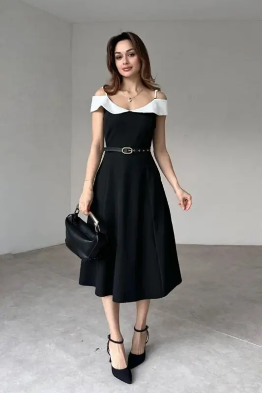 Two-Color Midi Dress with Belt-BOBROSS BLACK - ALFUDO MODA COLLECTION