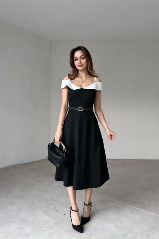 Two-Color Midi Dress with Belt-BOBROSS BLACK - 3