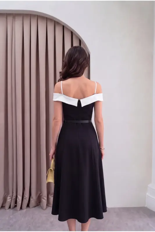 Two-Color Midi Dress with Belt-BOBROSS BLACK - 2