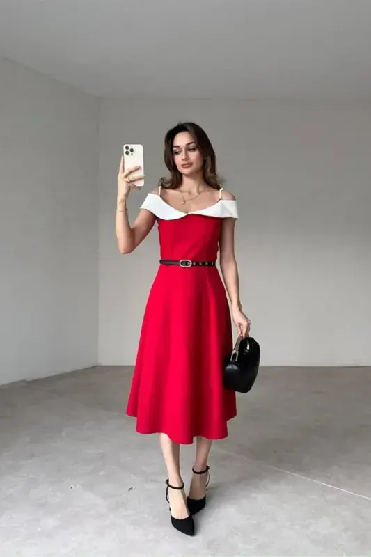 Two-Color Midi Dress with Belt - BOBROSS RED - 2