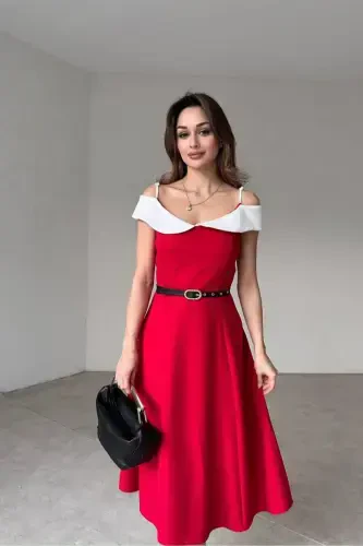 Two-Color Midi Dress with Belt - BOBROSS RED - 3
