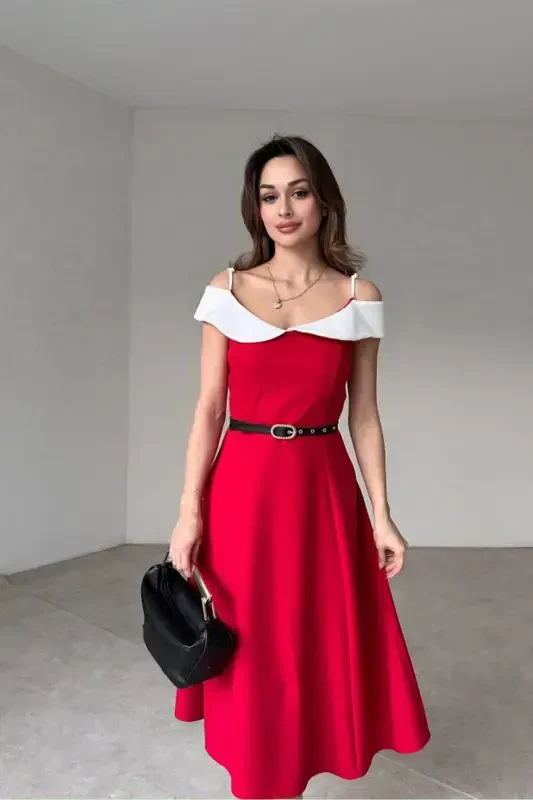 Two-Color Midi Dress with Belt - BOBROSS RED - 3