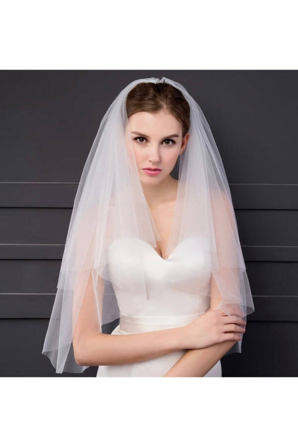 Two-Layer Bridal Veil - Wedding Veil, Off-White Comb. Long Layer 1 Meter Short Layer 60 Cm - 7