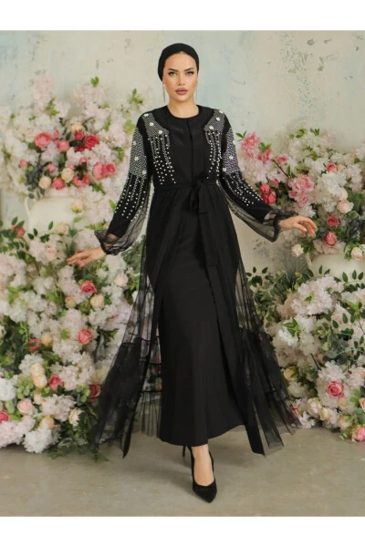 Two-Piece Abaya Set with Beaded Stone Sleeves - MODAMORFO