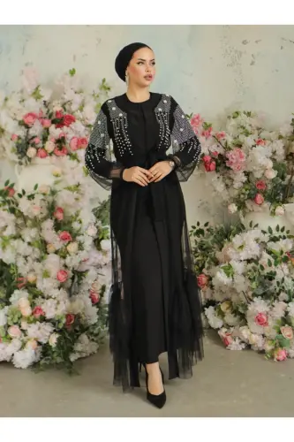 Two-Piece Abaya Set with Beaded Stone Sleeves - 4