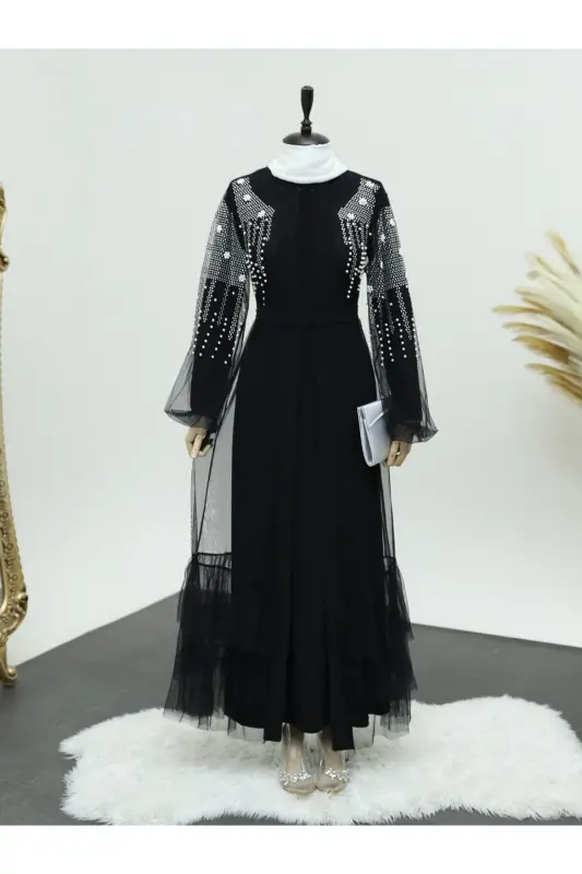 Two-Piece Abaya Set with Beaded Stone Sleeves - 6
