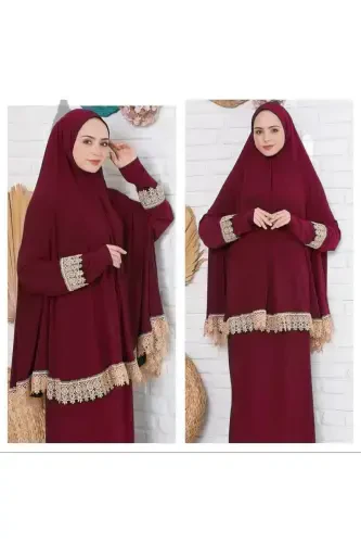 Two Pieces Skirted Women's Summer Prayer Dress, Non-Sweating Prayer Outfit, Flowy Abaya-Burgundy - 1