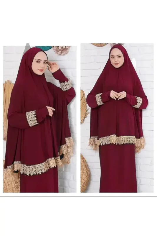 Two Pieces Skirted Women's Summer Prayer Dress, Non-Sweating Prayer Outfit, Flowy Abaya-Burgundy - 1