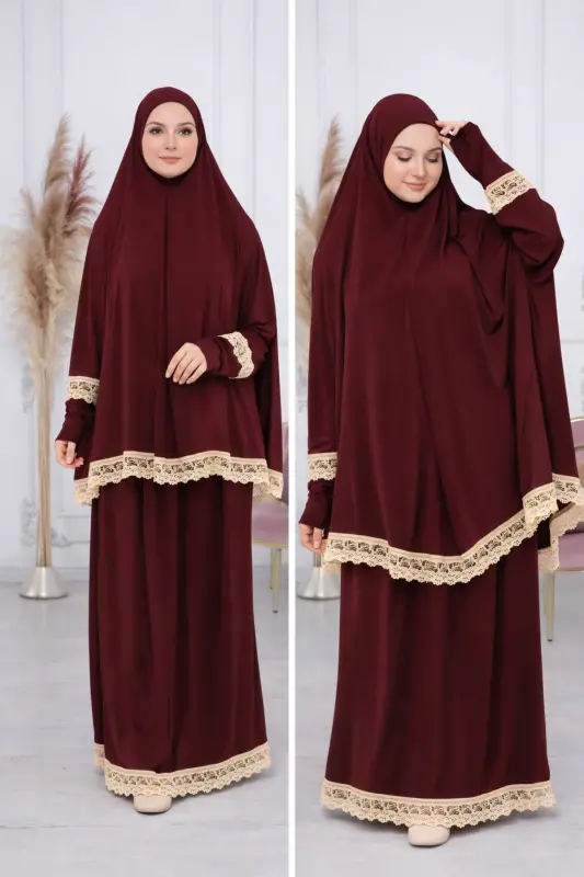 Two Pieces Skirted Women's Summer Prayer Dress, Non-Sweating Prayer Outfit, Flowy Abaya-Burgundy - KUTAY COLLECTION