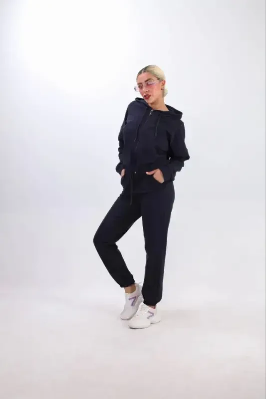 Two Thread Hooded Zippered Crop Oversize Cardigan Set- Navy Blue - BÜYÜKBEDENIZ