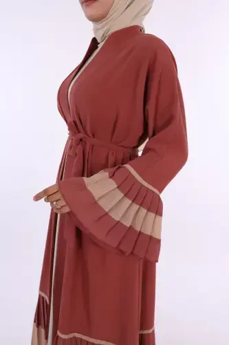 Two-Tone Belted Pleated Abaya with Sleeves and Hem 7454 Rose Quartz - 3