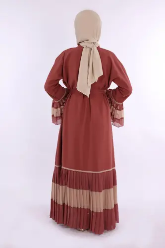 Two-Tone Belted Pleated Abaya with Sleeves and Hem 7454 Rose Quartz - 2