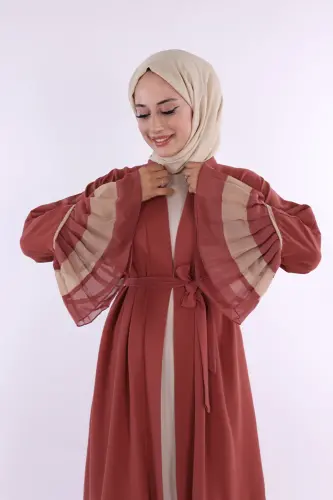 Two-Tone Belted Pleated Abaya with Sleeves and Hem 7454 Rose Quartz - 4