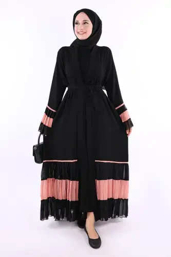 Two-Tone Pleated Abaya with Belt 7454 Black-Powder - 1