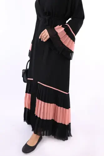 Two-Tone Pleated Abaya with Belt 7454 Black-Powder - 3