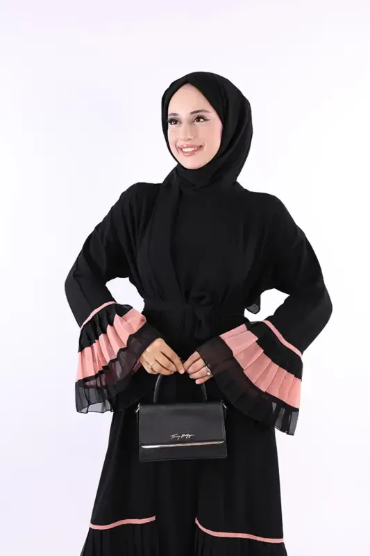 Two-Tone Pleated Abaya with Belt 7454 Black-Powder - 4
