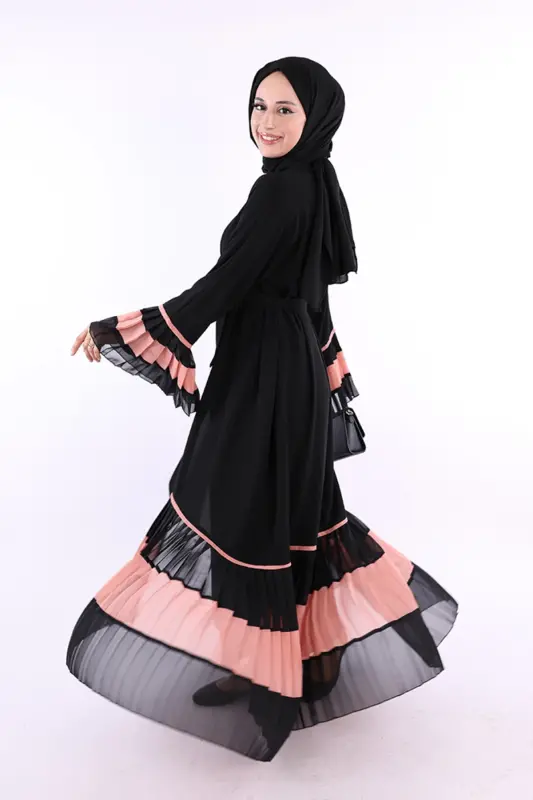 Two-Tone Pleated Abaya with Belt 7454 Black-Powder - 3