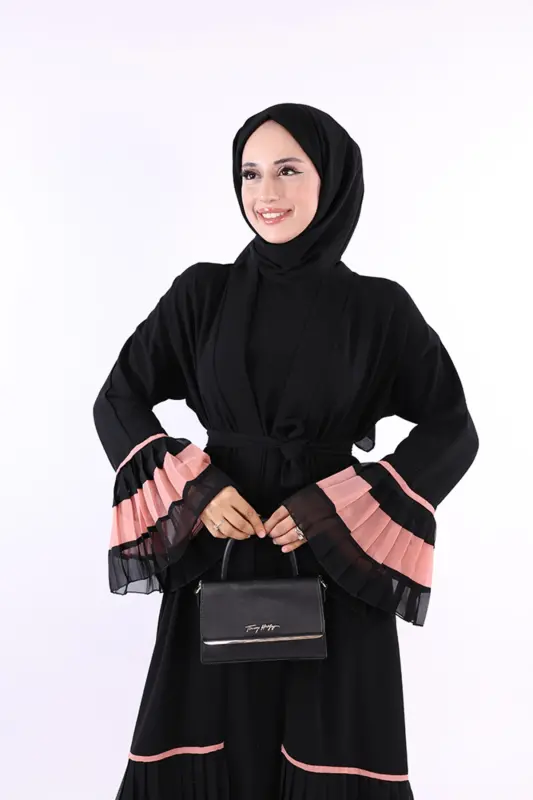 Two-Tone Pleated Abaya with Belt 7454 Black-Powder - 5
