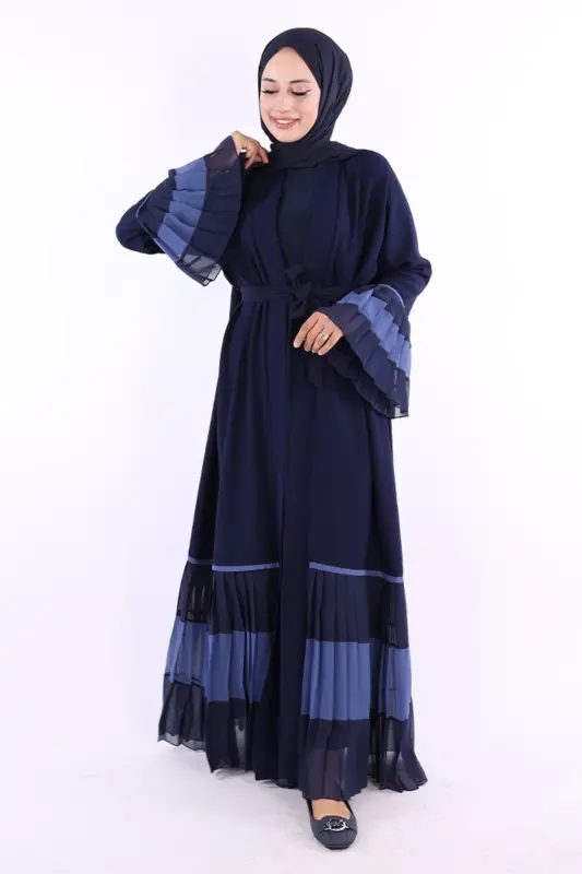 Two-Tone Pleated Abaya with Belt 7454 Navy - 3